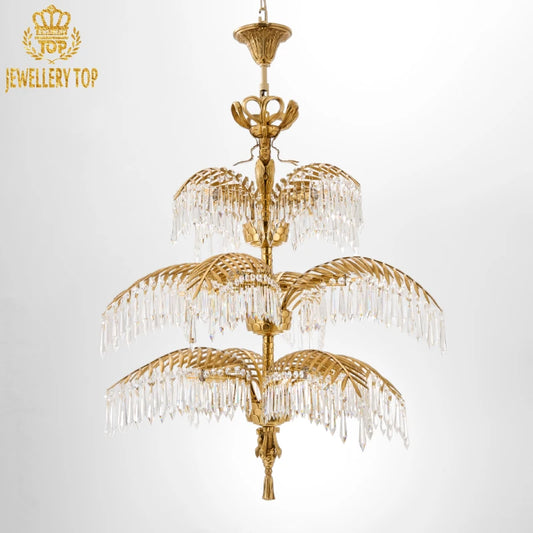 French palm leaves brass chandelier with crystal fringes on white background, JEWELLERY TOP.