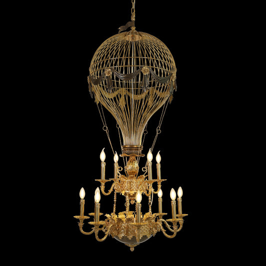 Front view of the vintage hot-air balloon creative design brass chandelier with lit candle bulbs.