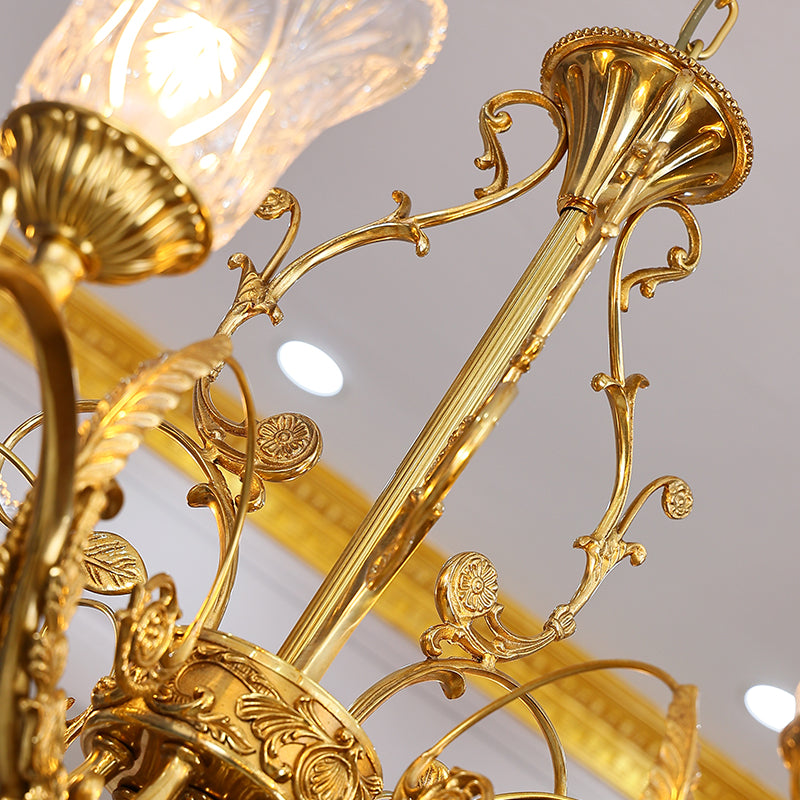French Victorian Foliage & Shell Glass Brass Chandelier