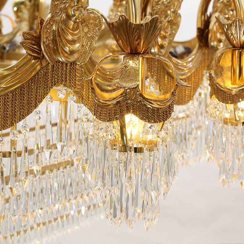 Extreme detail shot of the teardrop crystal prisms and the elaborate cast brass frame structure.