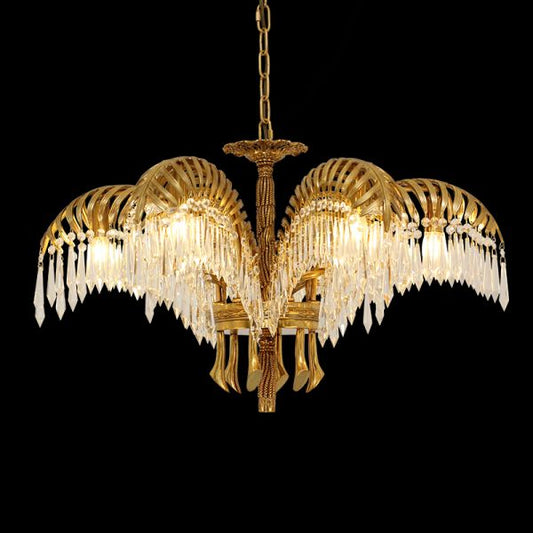 Victorian-style brass palm leaves chandelier with crystal droplets, installed in a grand foyer.
