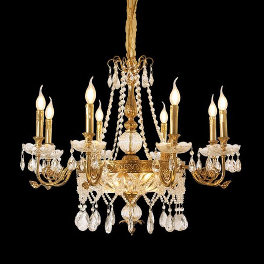 A round French brass crystal chandelier with candle bulbs and layered pendants, isolated.