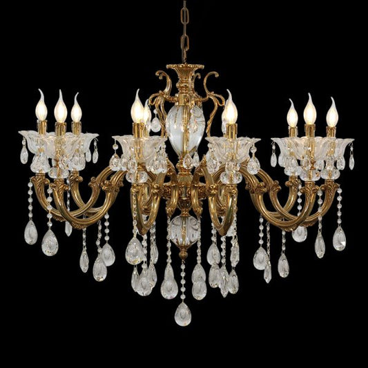 A classical luxury crystal chandelier installed in a room with blue drapes and ceiling molding, showcasing its elegant form.