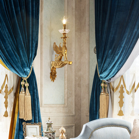 The installed luxury vintage wall light in an elegant room with blue velvet curtains and a classic armchair.