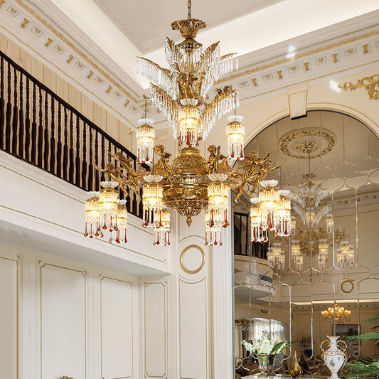JEWELLERY TOP luxury brass chandelier with crystals installed in a classic interior with wainscoting.