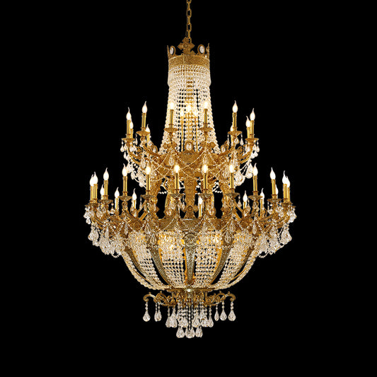French luxury brass chandelier with crystal cascades, multi-tiered design, black background.
