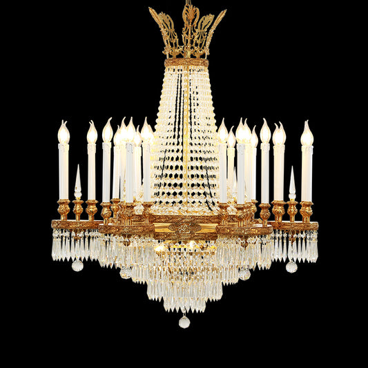 A multi-tiered luxury brass chandelier with crystal curtains and candle bulbs, front view.