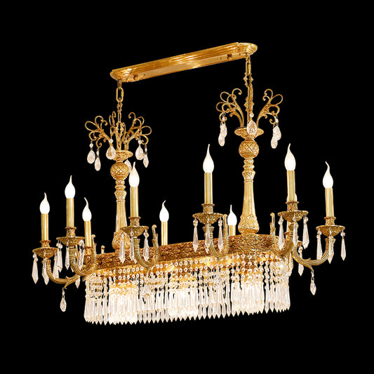 A classical French brass chandelier with dense crystal fringe and candle bulbs, isolated view.