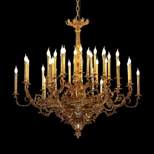 Detailed front view of a luxury European brass chandelier with intricate metalwork.