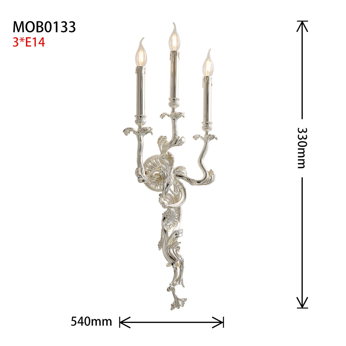 tructural dimensions and E14 socket configuration for the silver Chloris Rococo wall sconce by Jewellery Top.