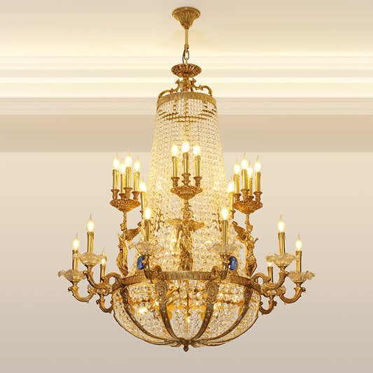 A French luxury castle chandelier installed in a room with a coffered ceiling and heavy drapes.