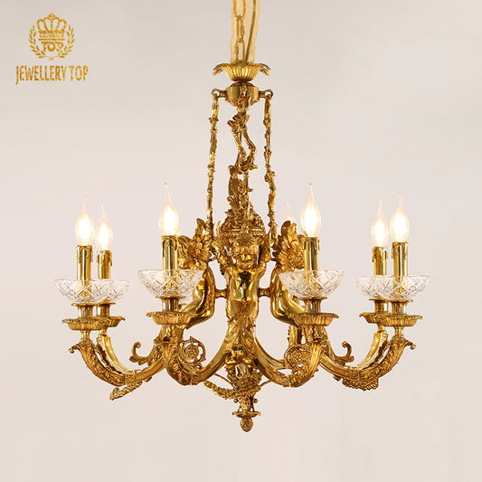A luxury brass chandelier installed in a room with crown molding and heavy drapes, showcasing its elegant form.
