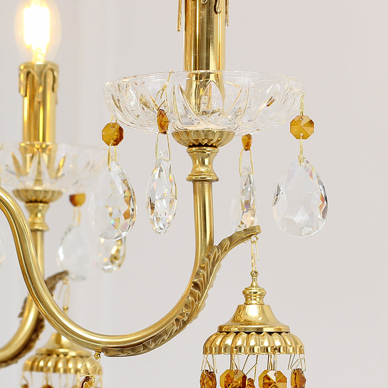 Extreme detail shot focusing on the multi-faceted crystal drops and the decorative bobeche.