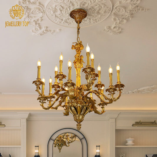 JEWELLERY TOP vintage classical brass chandelier installed on an ornate white ceiling.