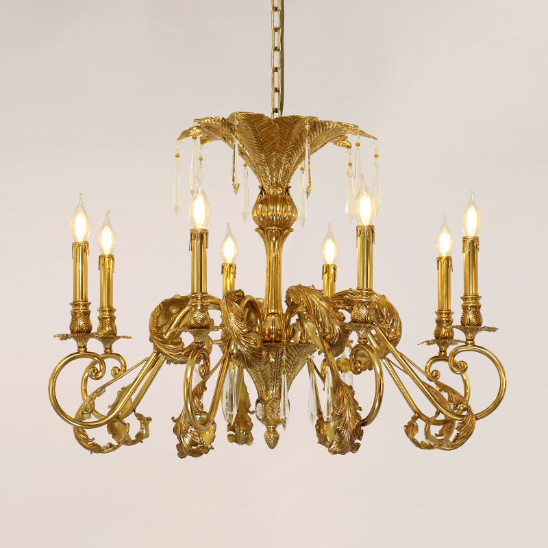 JEWELLERY TOP brand's mid-century chandelier featuring intricate palm leaf carvings and cascading crystal accents.