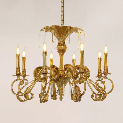 JEWELLERY TOP brand's mid-century chandelier featuring intricate palm leaf carvings and cascading crystal accents.