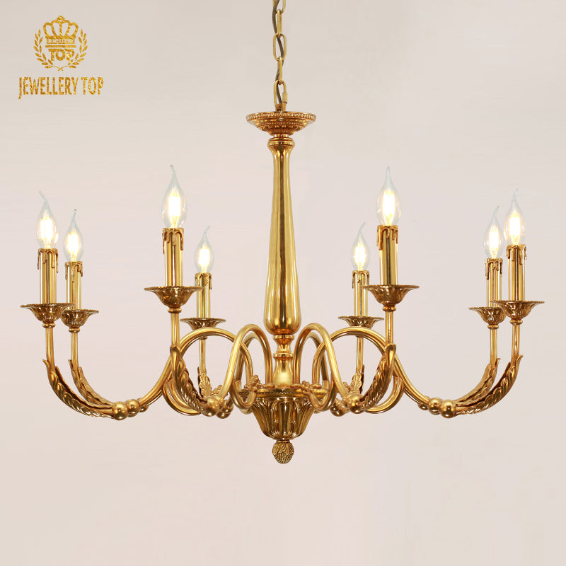 JEWELLERY TOP brand’s golden classical brass chandelier with decorative chain.