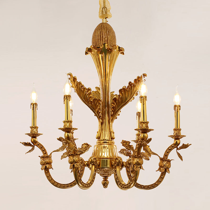 Angled perspective showcasing the graceful S-curved arms and the symmetrical arrangement of the fabric shades.