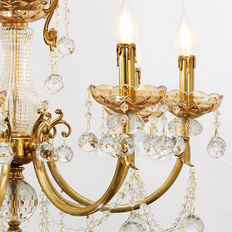 Extreme detail shot of the teardrop crystal prisms catching and reflecting ambient light.