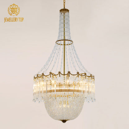 JEWELLERY TOP brand's hotel lobby chandelier showcasing cascading crystal strands and a domed silhouette.