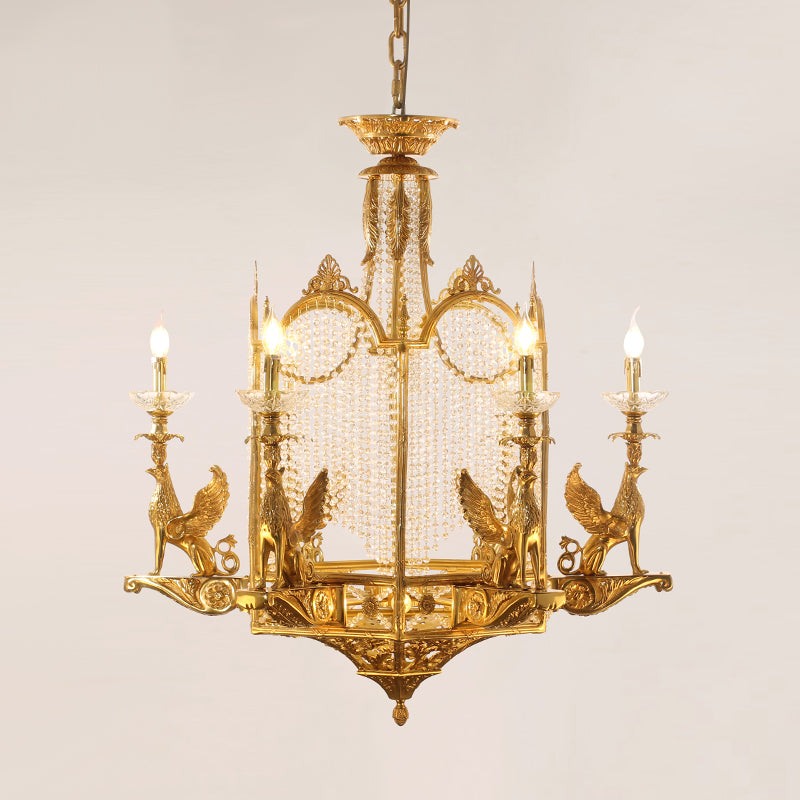 Angled perspective highlighting the symmetrical arrangement of candle-style lights and the elaborate brass cage structure.