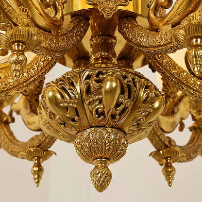 Extreme detail shot focusing on the candle-shaped filament bulbs and the ornate brass canopy at the top.