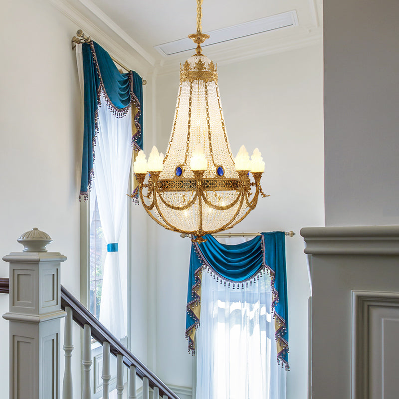 JEWELLERY TOP brand's classical chandelier showcasing cascading crystal strands and cobalt blue gemstone details.