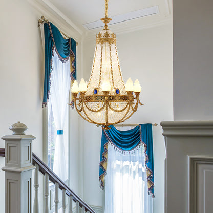 JEWELLERY TOP brand's classical chandelier showcasing cascading crystal strands and cobalt blue gemstone details.