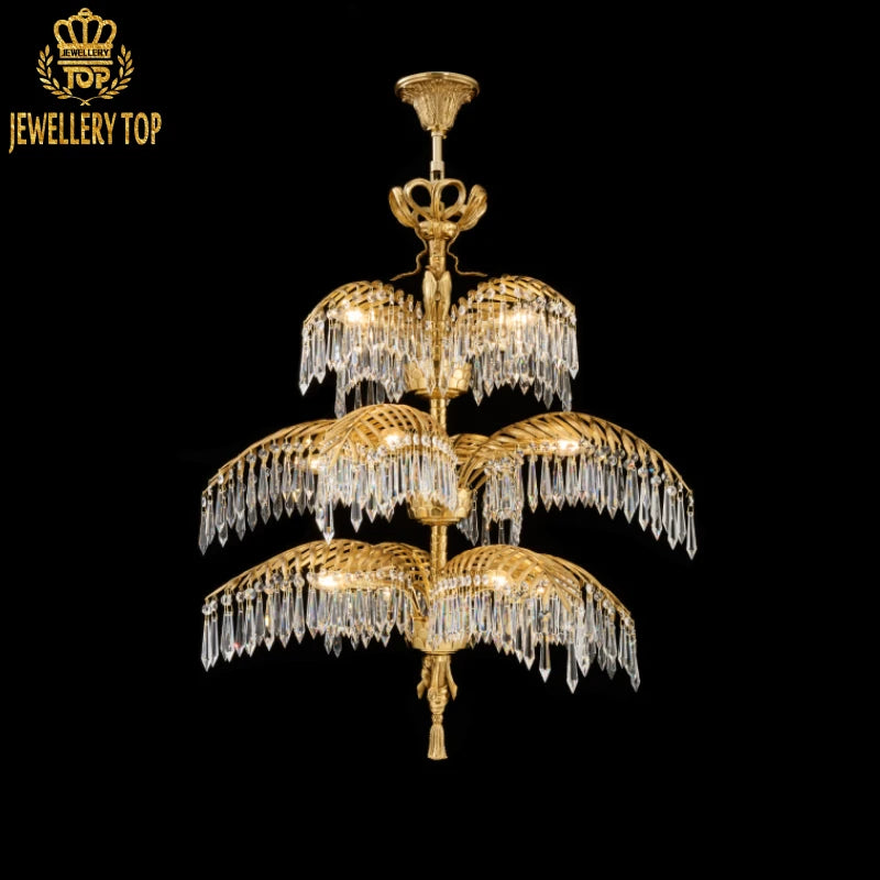 Riviera Palme d'Or luxury brass chandelier with palm leaf design and crystal, black background.