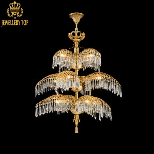 Riviera Palme d'Or luxury brass chandelier with palm leaf design and crystal, black background.