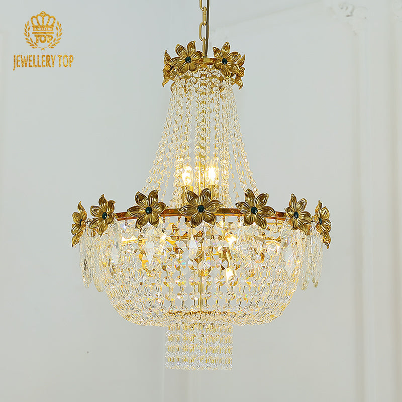 Angled perspective highlighting the symmetrical arrangement of eight lights and the tiered crystal layers.