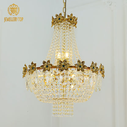 Angled perspective highlighting the symmetrical arrangement of eight lights and the tiered crystal layers.
