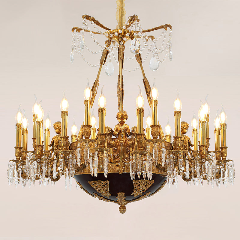 Detailed perspective highlighting the symmetrical design, central dark panel, and hanging crystal strands.