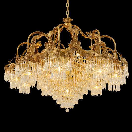 Classical luxury brass chandelier with K9 crystal cascades, from brand JEWELLERY TOP.
