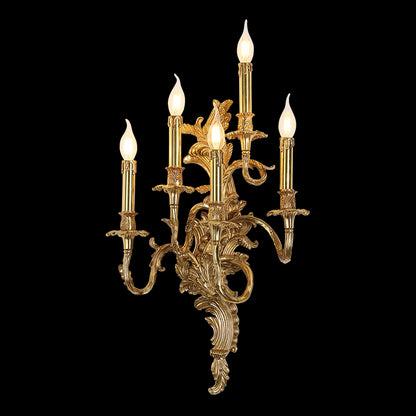 Detailed close-up of the ornate French Victorian brass wall lamp, showcasing intricate leaf and scroll metalwork.