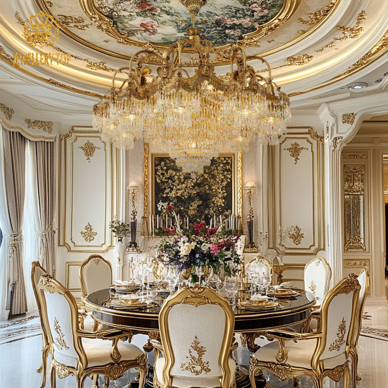 JEWELLERY TOP's brass chandelier above a formal dining set with flowers and white chairs.