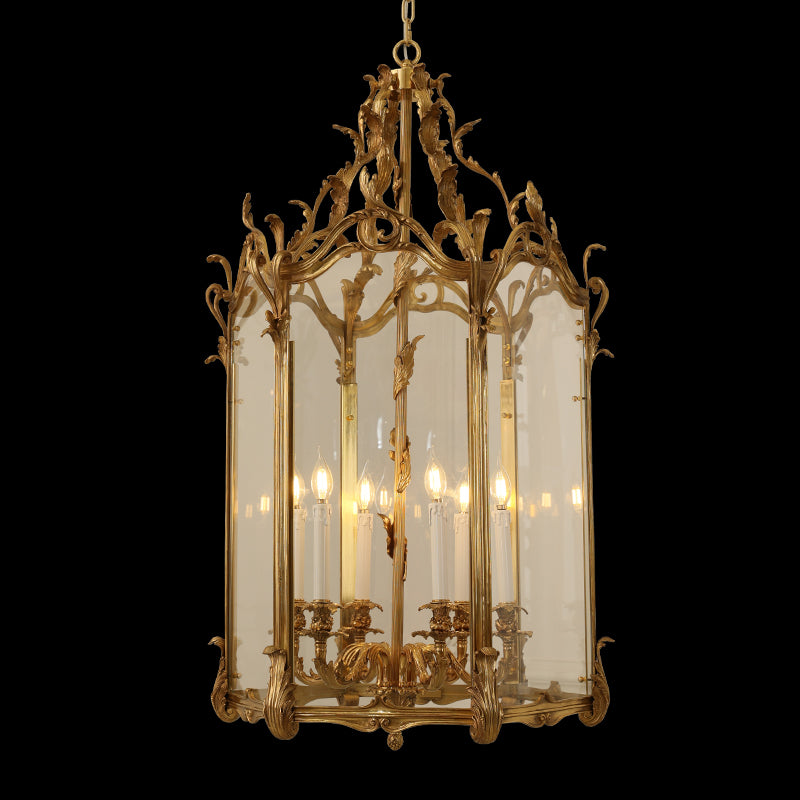 Square Galerie Véro-Dodat brass pendant light with clear glass on black background, antique style.