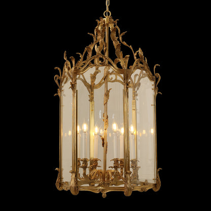 Square Galerie Véro-Dodat brass pendant light with clear glass on black background, antique style.