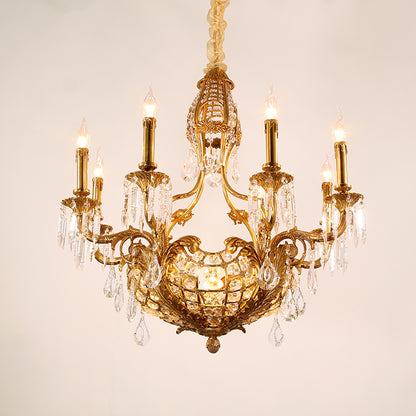 JEWELLERY TOP brand's living room chandelier with intricate rosette carvings and candle-style lights.