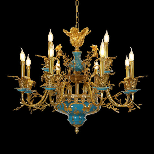 Full studio shot of the French Rococo turquoise porcelain floral brass chandelier glowing against a stark black background.