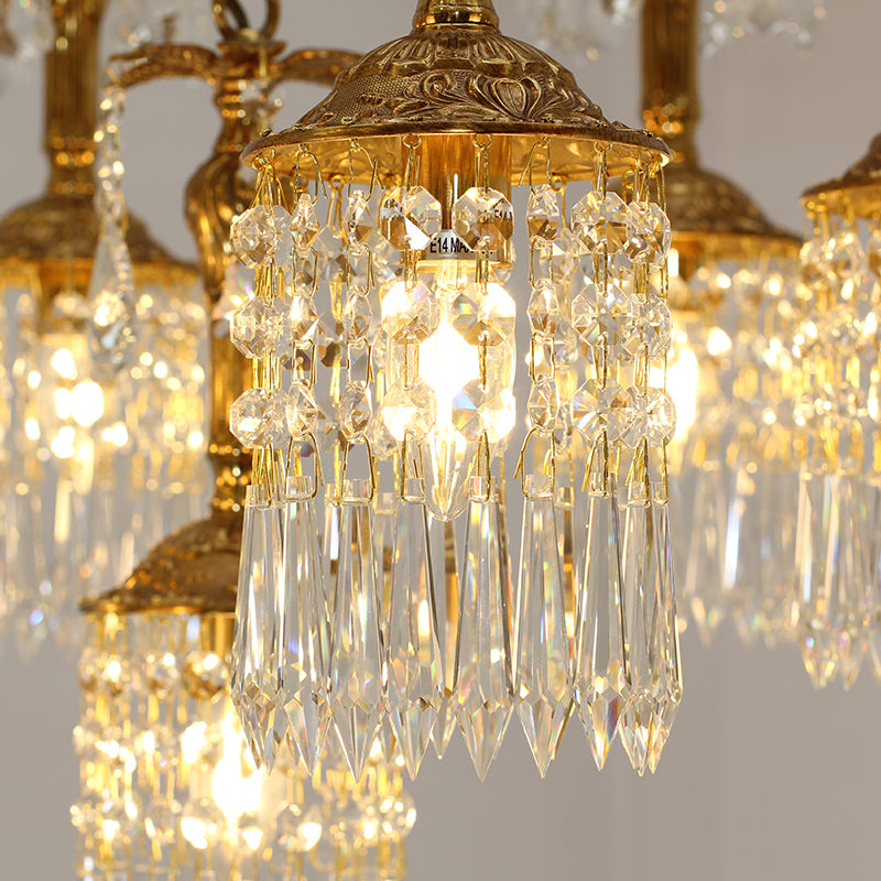 Extreme detail shot focusing on the ribbed glass shades and the decorative brass canopy at the top.