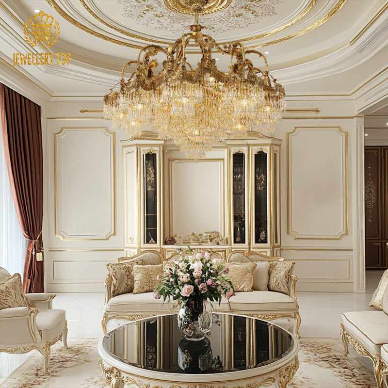 French classical brass chandelier in a living room with a beige sofa and gold accents.