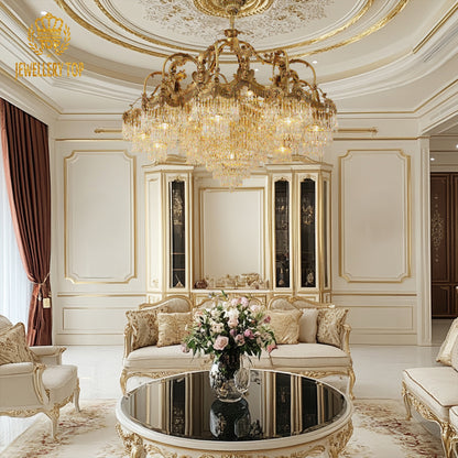 French classical brass chandelier in a living room with a beige sofa and gold accents.