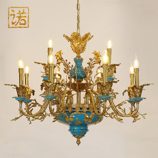 Wide angle view of the luxury chandelier illuminating a cozy living room with classic fireplace and warm ambient light.