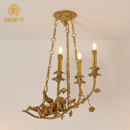 A luxury decorative chandelier installed in a bright living room above a classic French armchair and built-in cabinetry.