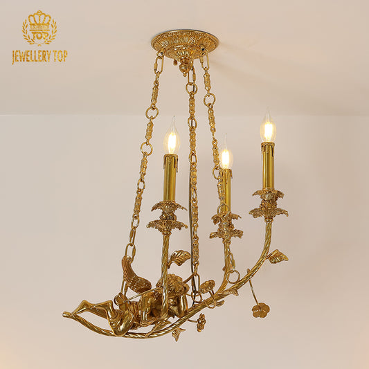 A luxury decorative chandelier installed in a bright living room above a classic French armchair and built-in cabinetry.