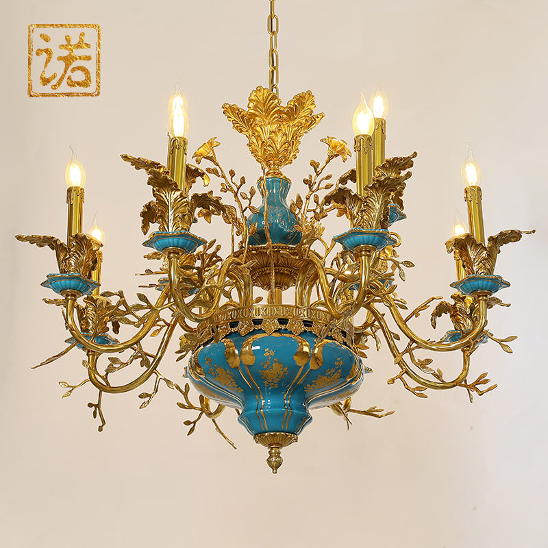 JEWELLERY TOP brand's Art Decorative chandelier highlighting the intricate gold leaf details and turquoise porcelain body.