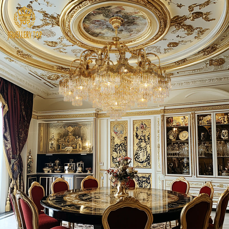 Opulent brass and K9 crystal chandelier in a red dining room with gold-framed art.