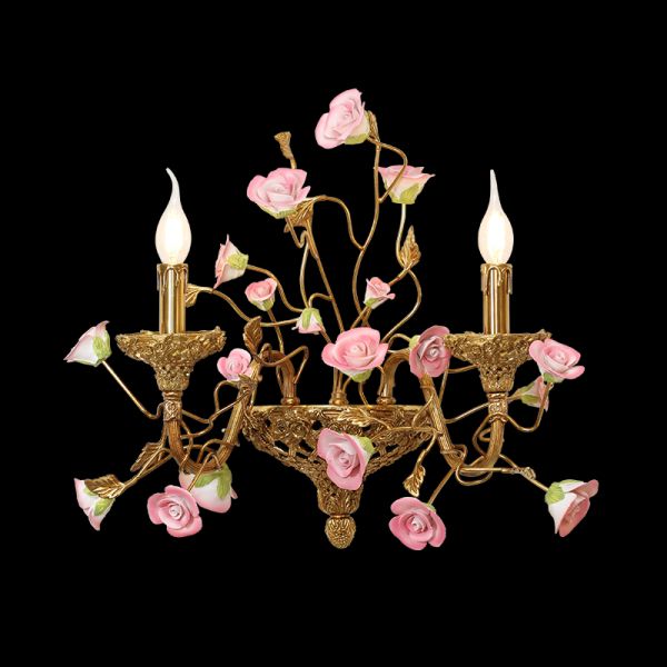 French Brass Wall Light With Pink Rose