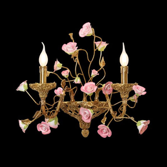 French Brass Wall Light With Pink Rose